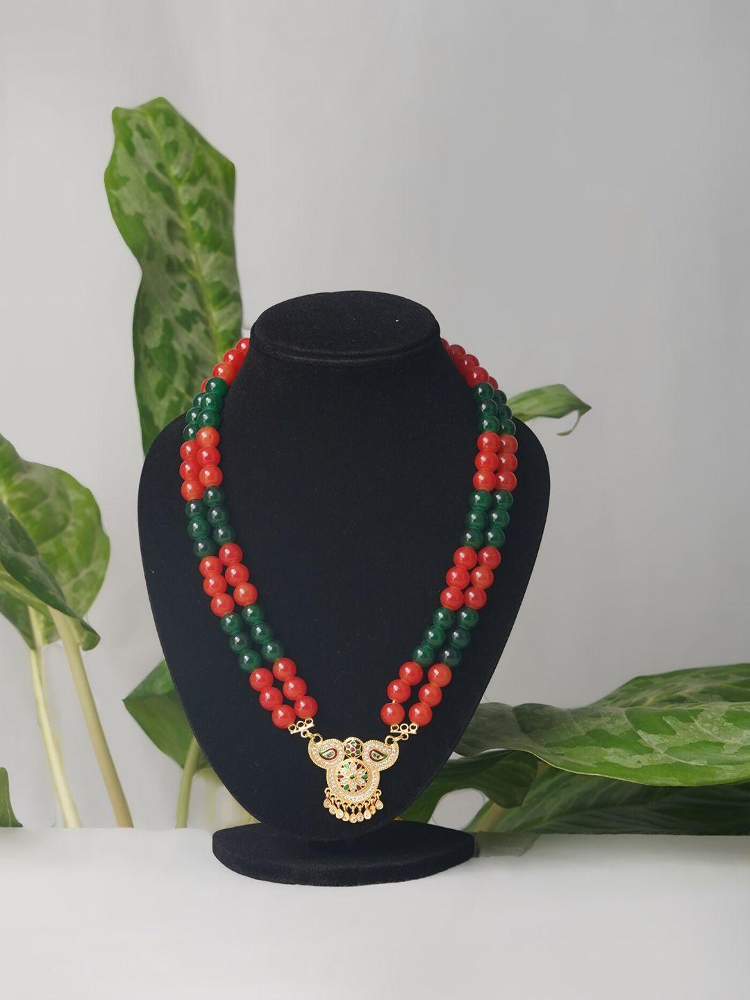 unnati silks green & orange beaded layered necklace with 1gm gold plated pendant