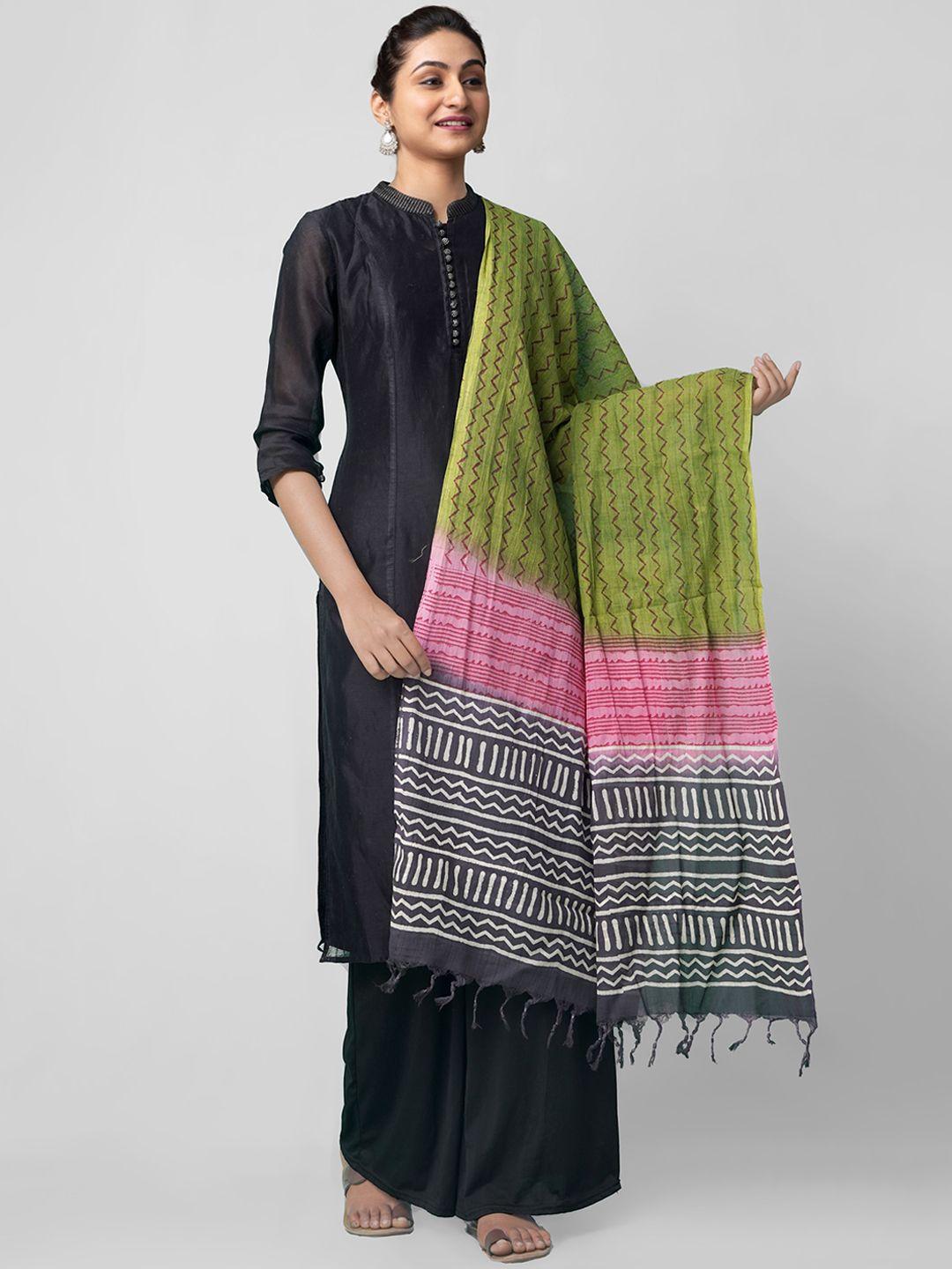 unnati silks green & pink hand block printed pure cotton dupatta