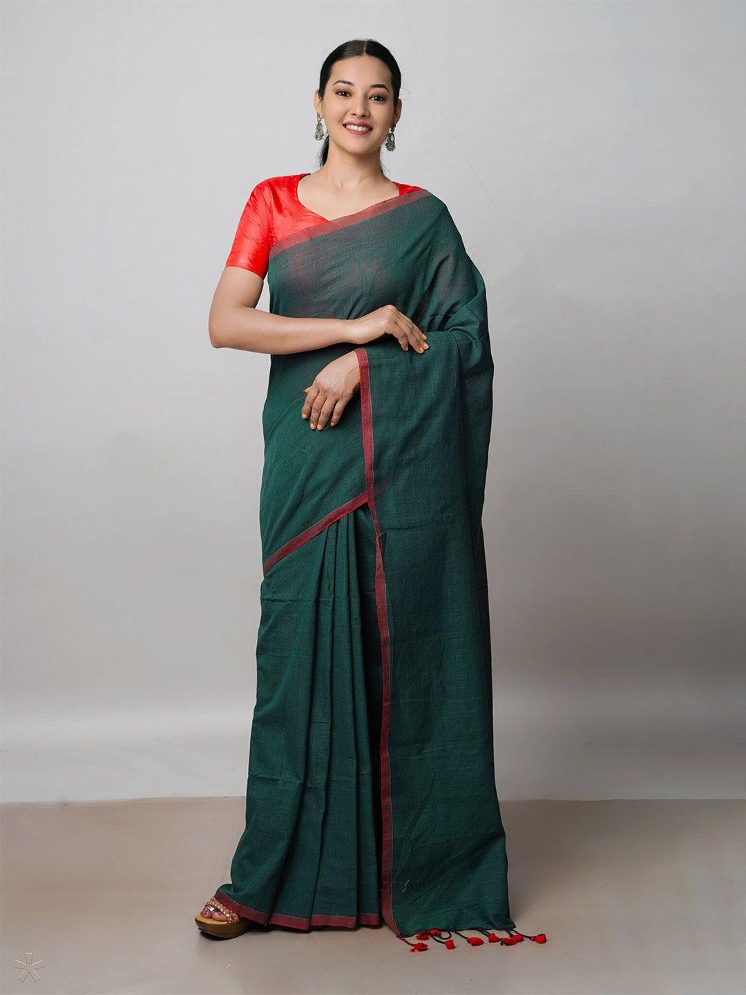 unnati silks green & red pure linen jamdani saree