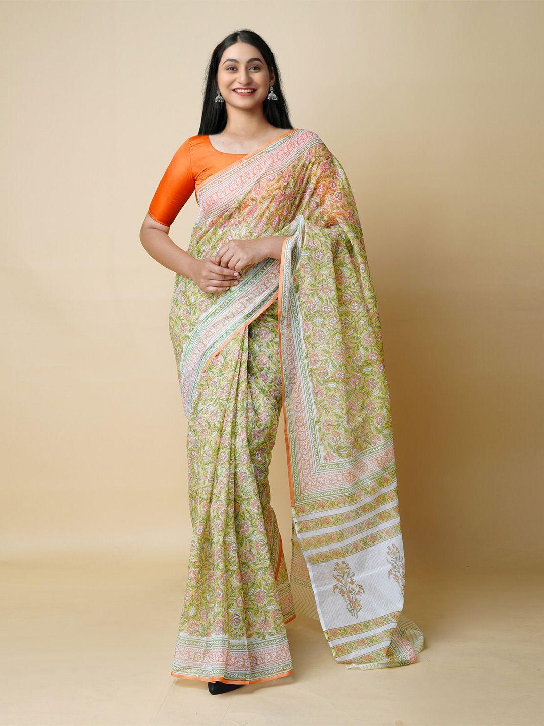 unnati silks green & white floral pure cotton kota saree