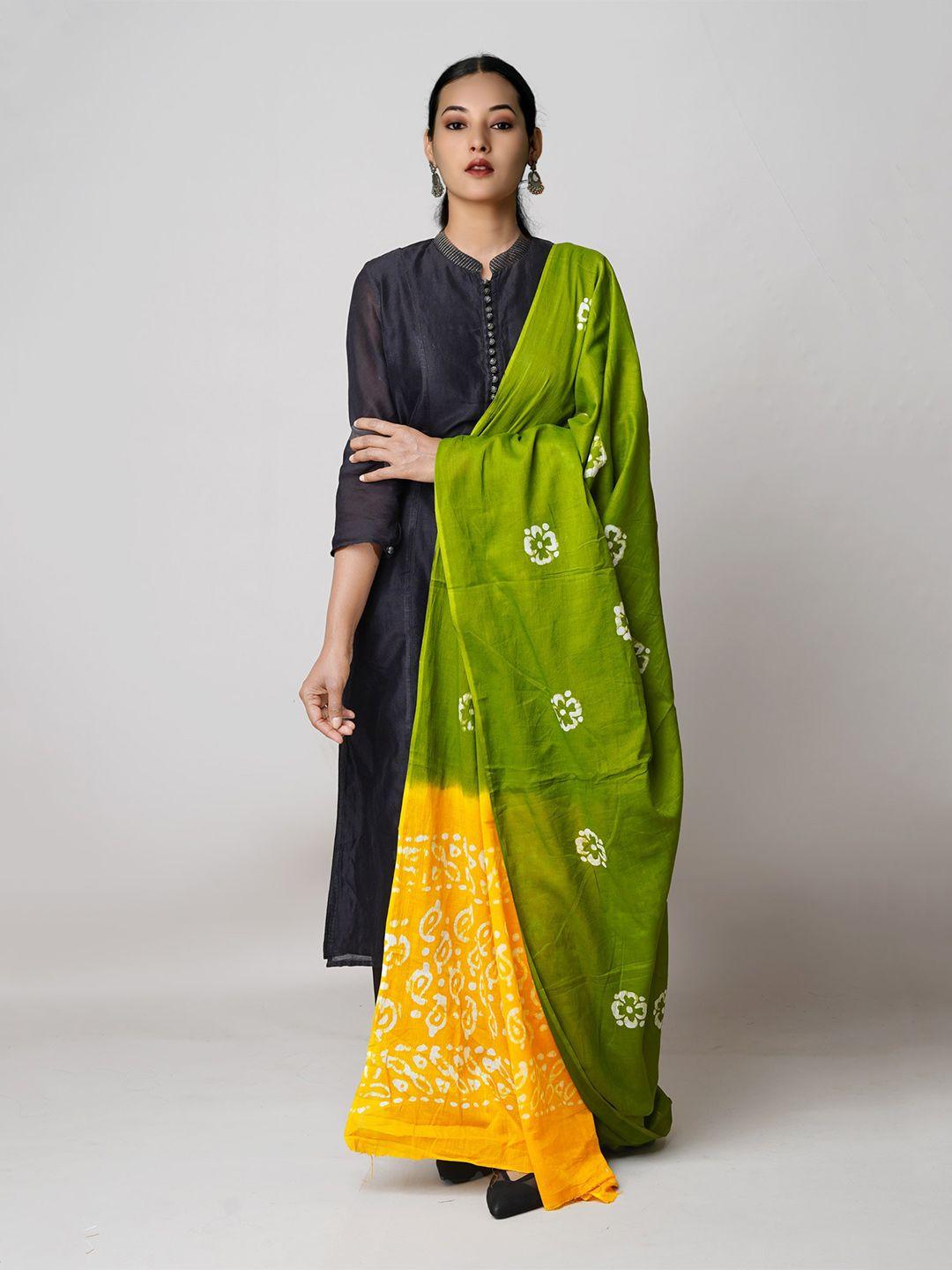 unnati silks green & yellow ethnic motifs printed pure cotton batik dupatta