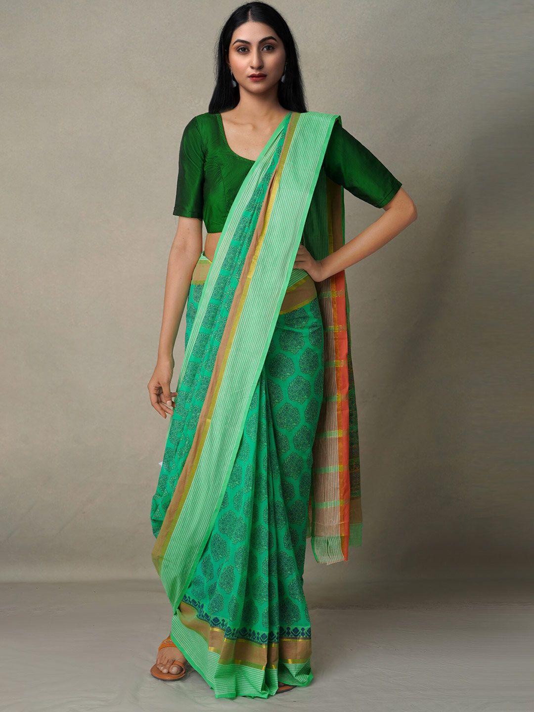 unnati silks green & yellow ethnic motifs zari pure cotton mangalagiri saree