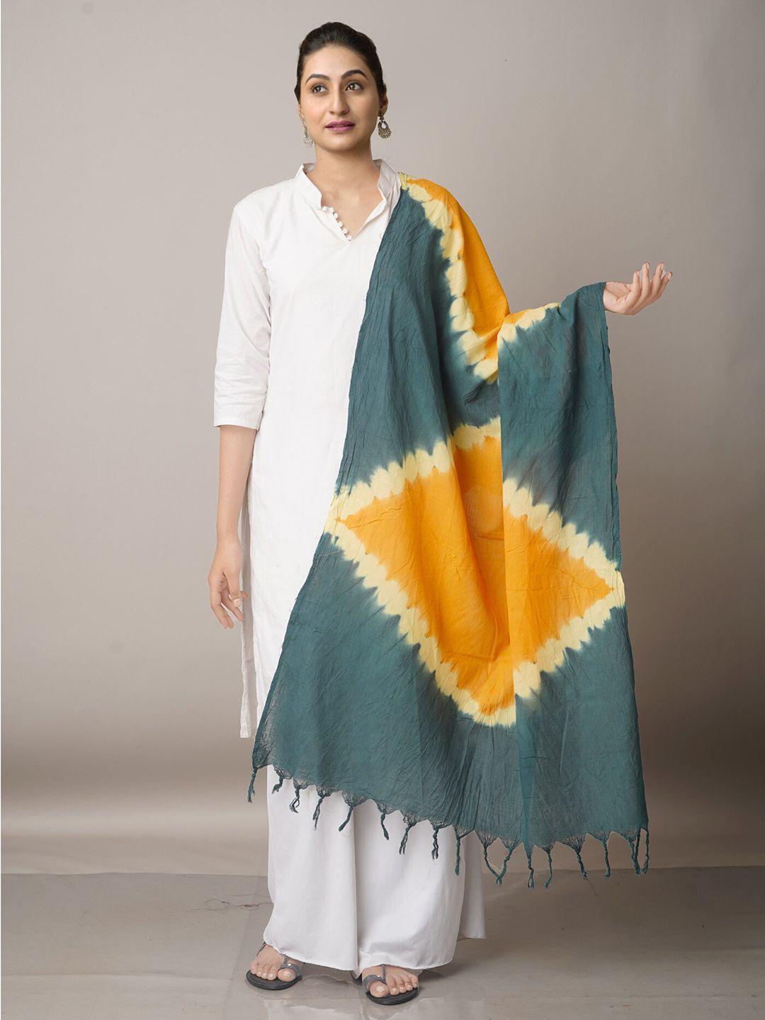 unnati silks green & yellow printed pure cotton shibori dupatta