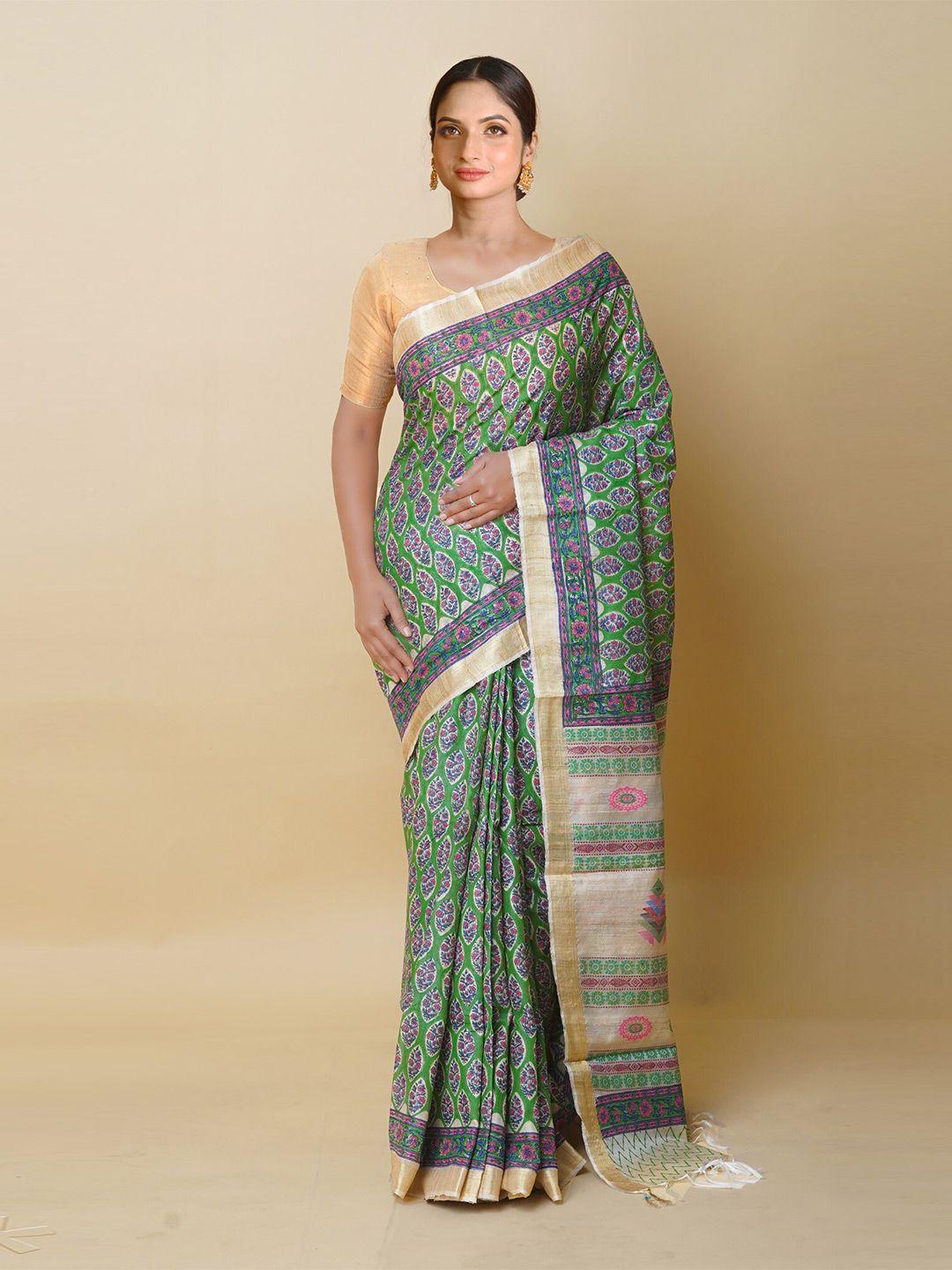 unnati silks green ethnic motifs pure silk handloom tussar saree