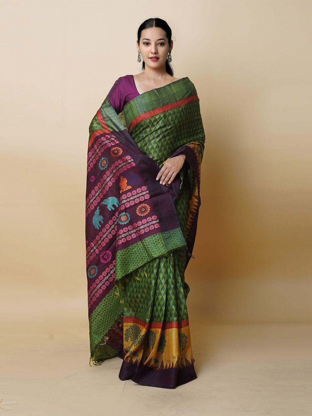 unnati silks green woven design pure silk handloom tussar saree