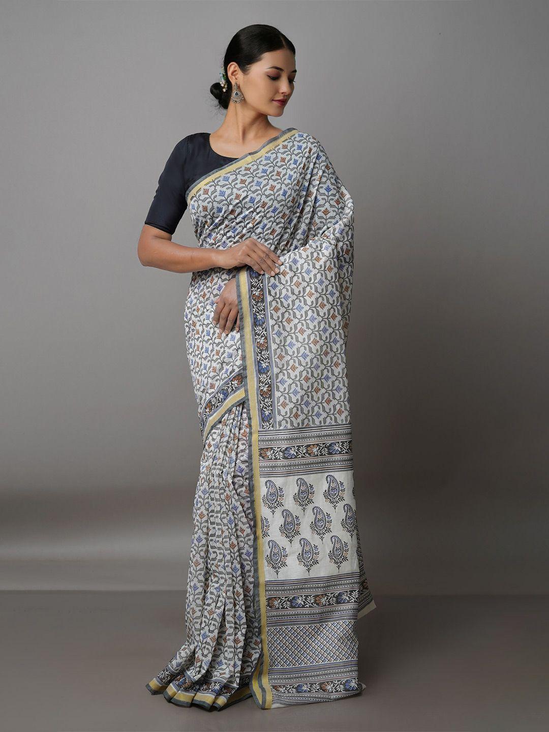 unnati silks grey & blue ethnic motifs zari silk cotton chanderi saree