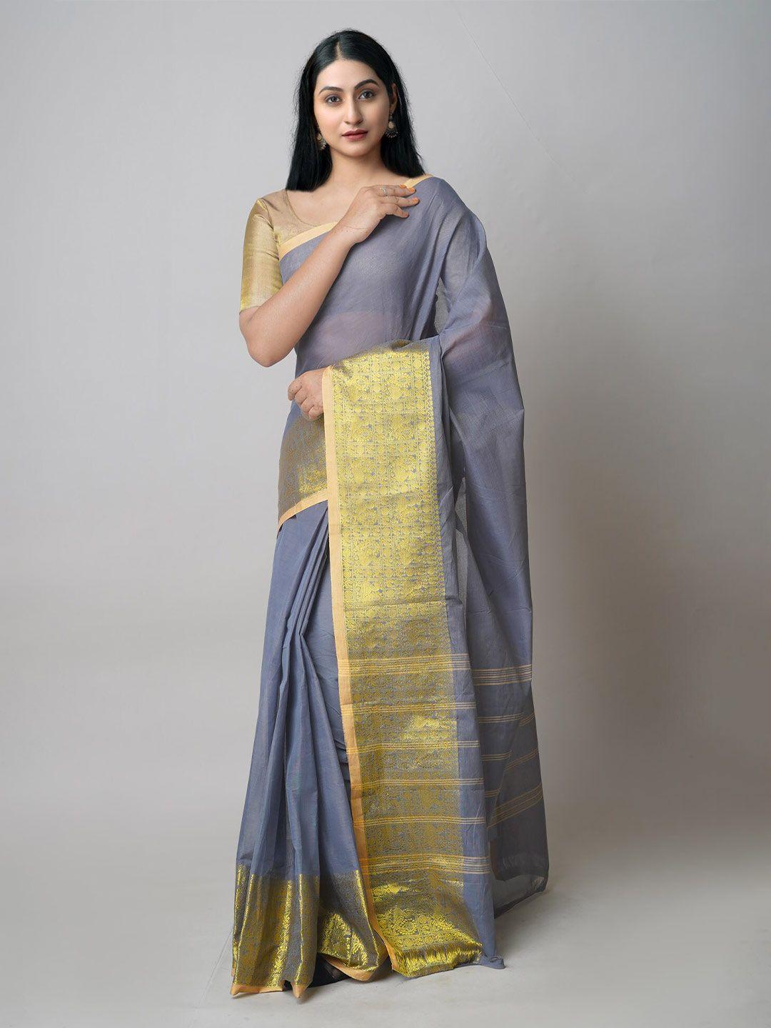 unnati silks grey & gold-toned zari pure cotton kanjeevaram saree