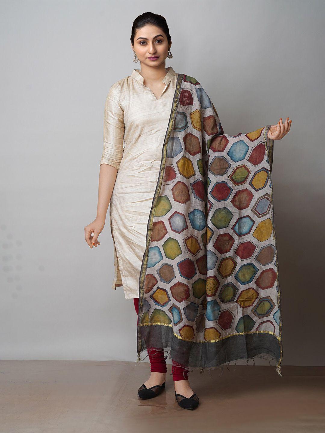 unnati silks grey & green ethnic motifs printed cotton silk kalamkari dupatta with zari