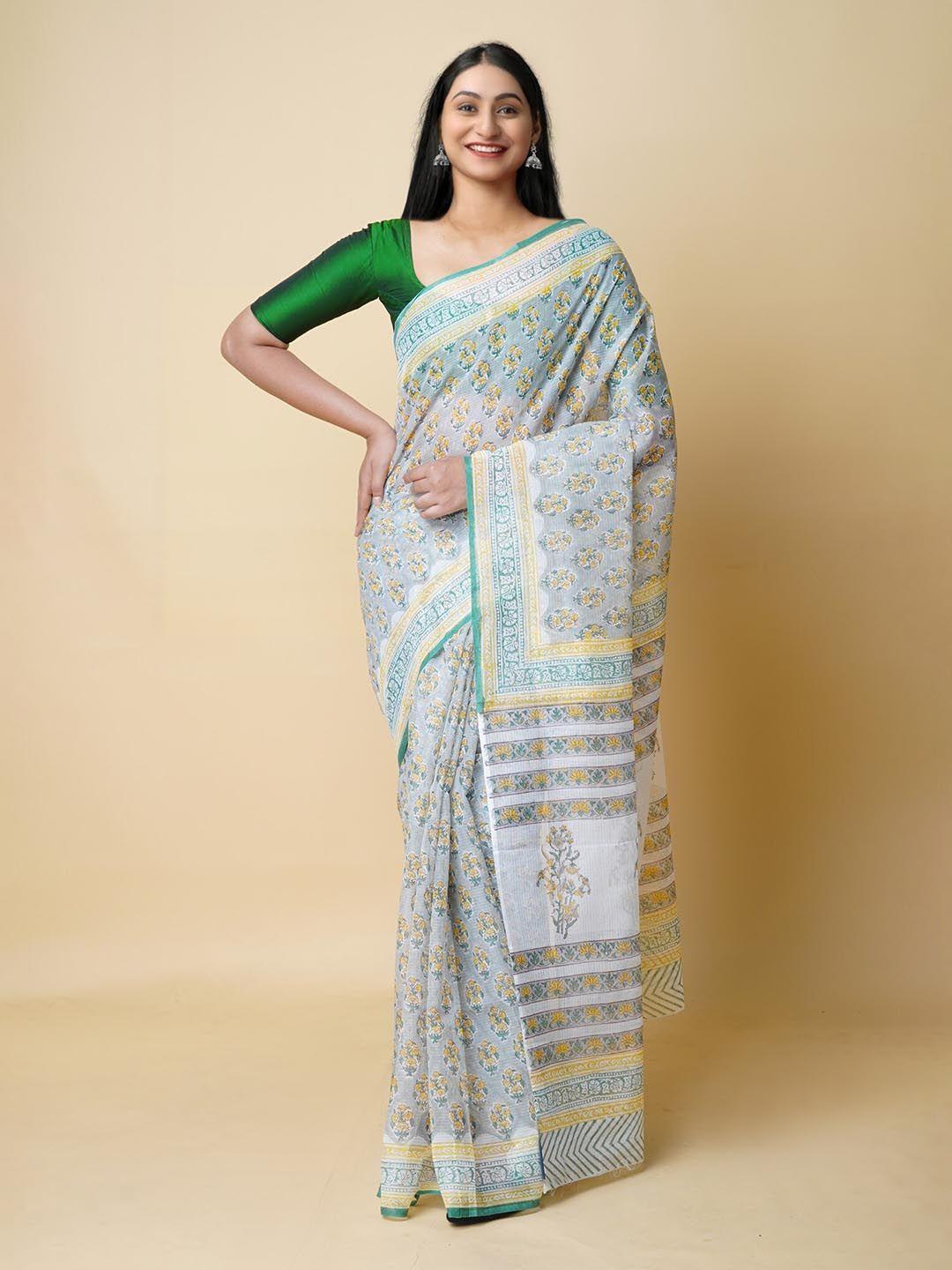 unnati silks grey & green ethnic motifs pure cotton kota saree