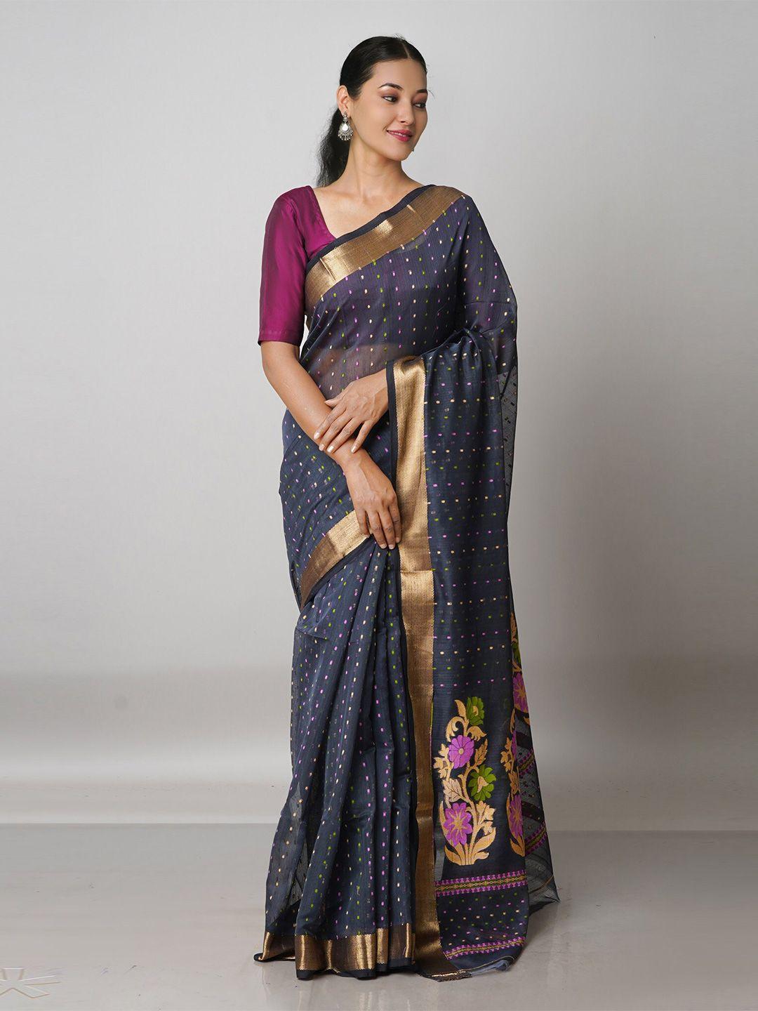 unnati silks grey & green woven design silk cotton handloom jamdani zari saree