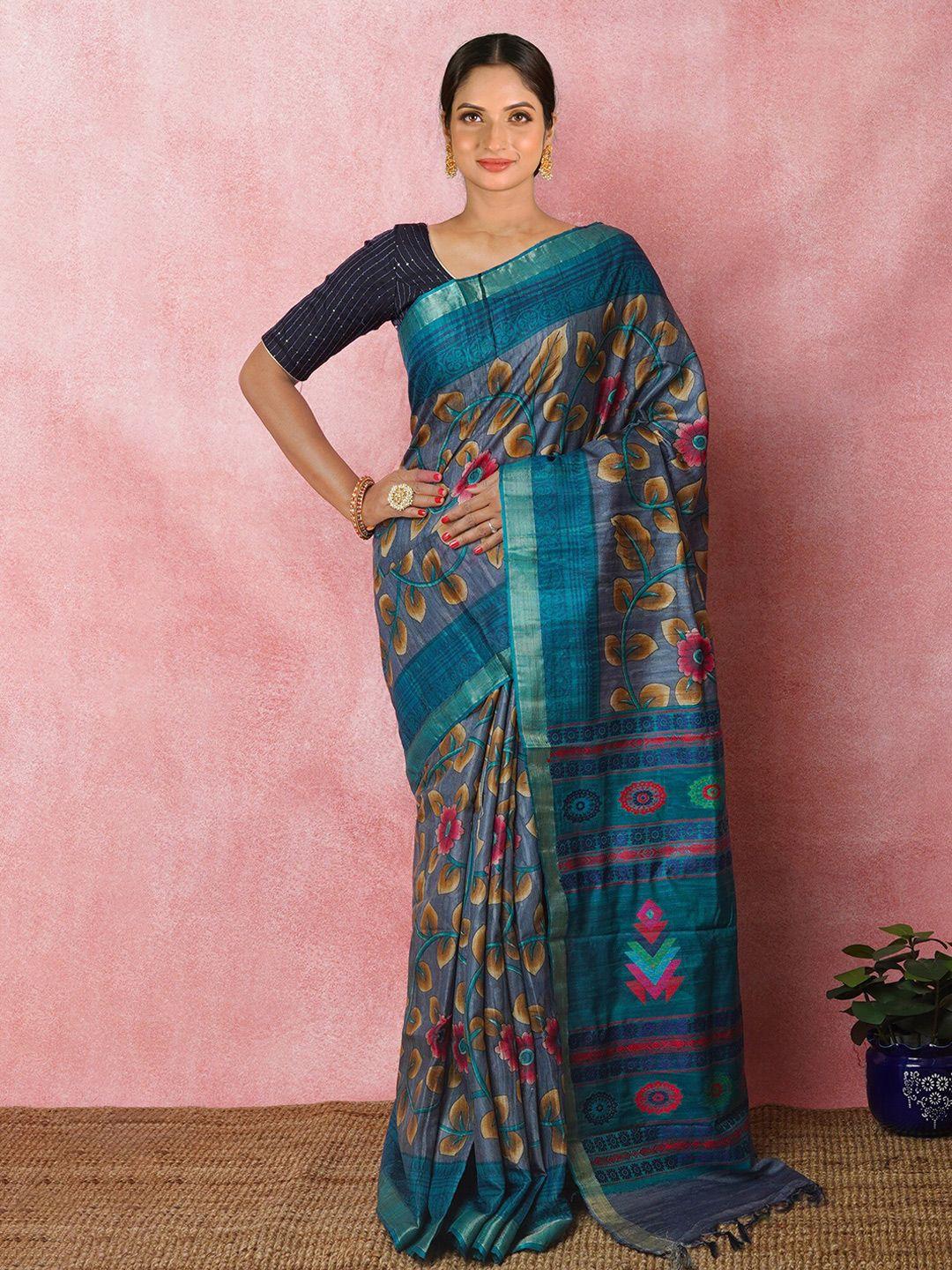 unnati silks grey ethnic motifs pure silk handloom tussar saree