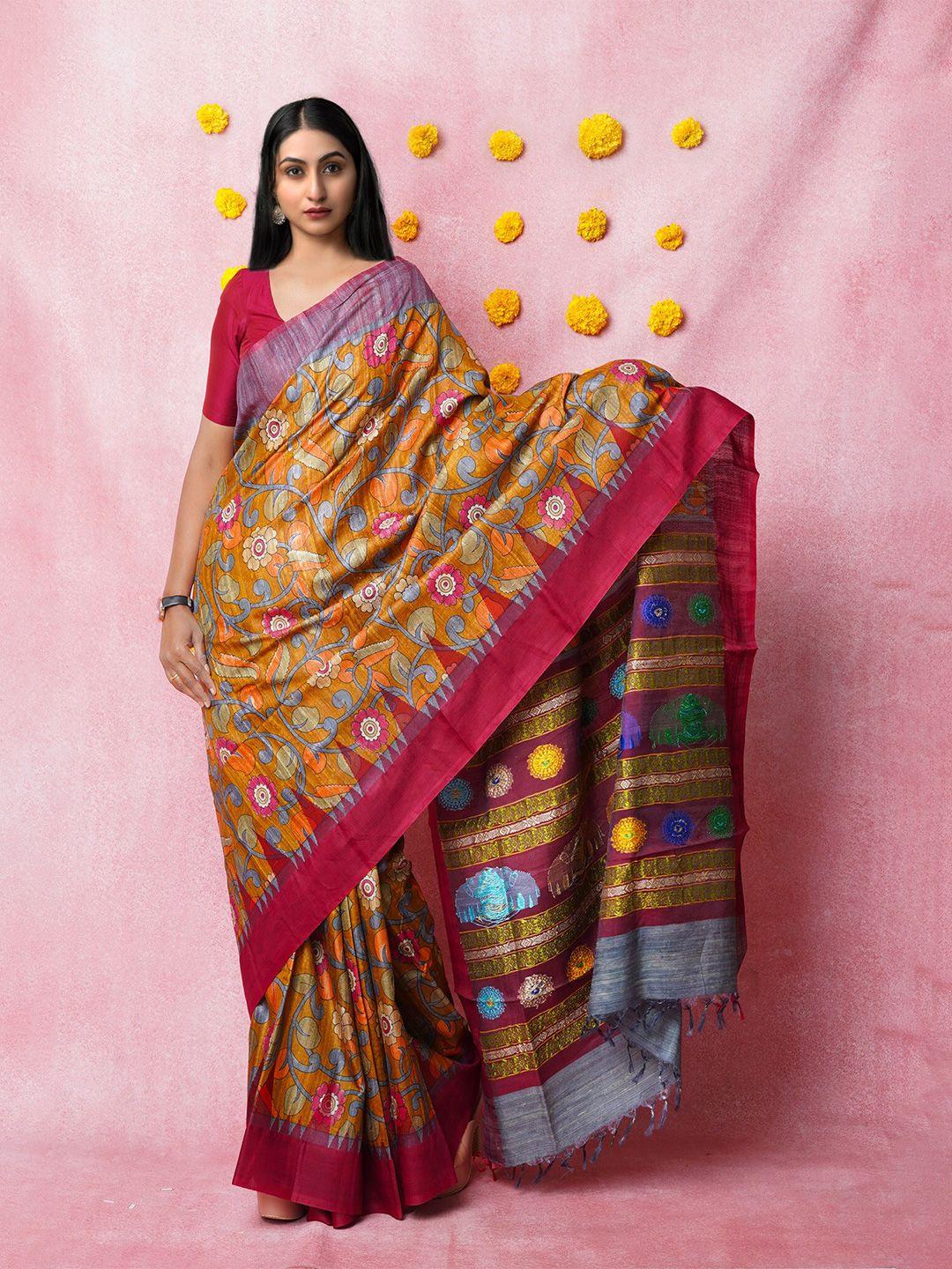 unnati silks kalamkari printed pure silk handloom tussar saree