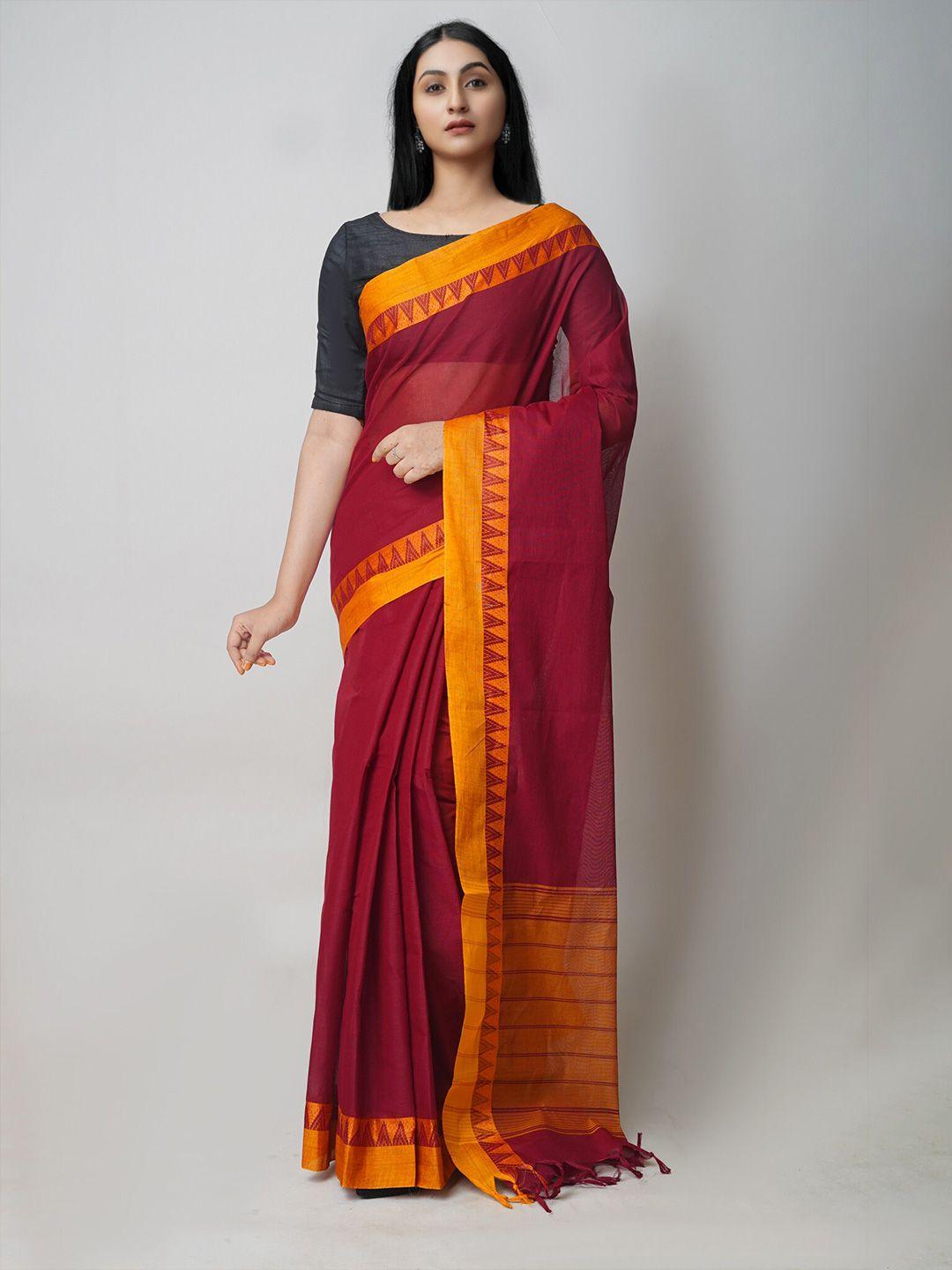 unnati silks maroon & gold-toned pure cotton chettinad saree