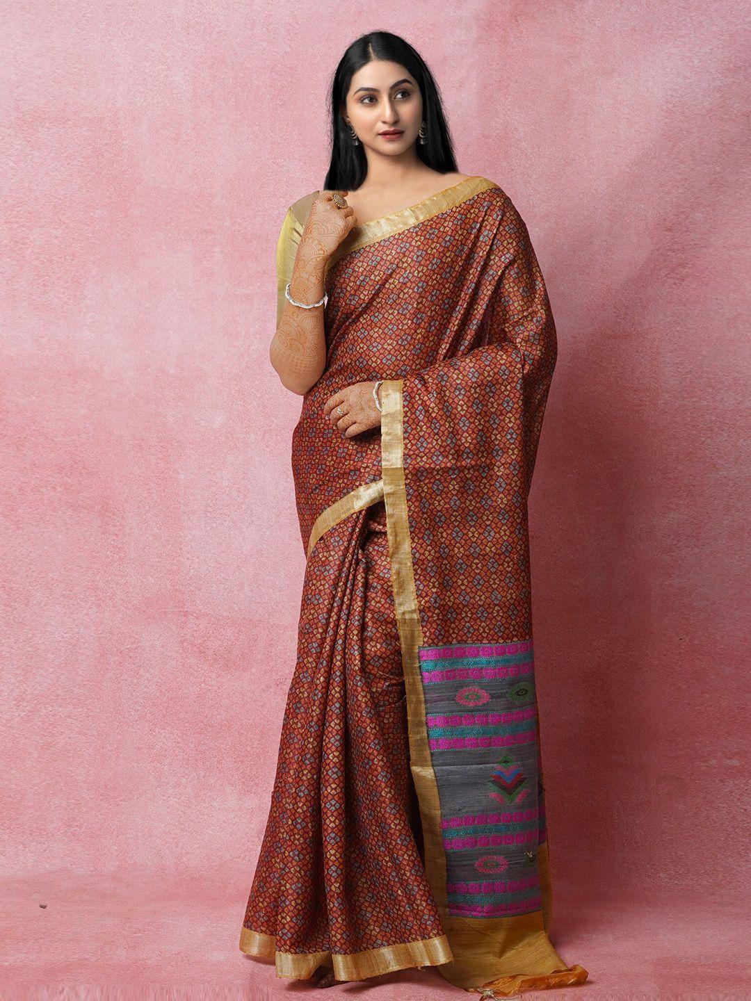 unnati silks maroon & grey ethnic motifs zari jute silk tussar saree