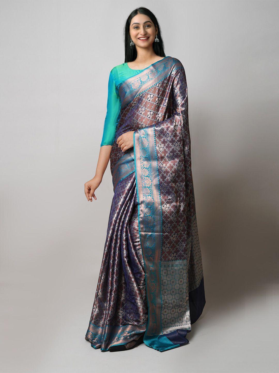 unnati silks navy blue & brown woven design zari silk cotton banarasi saree