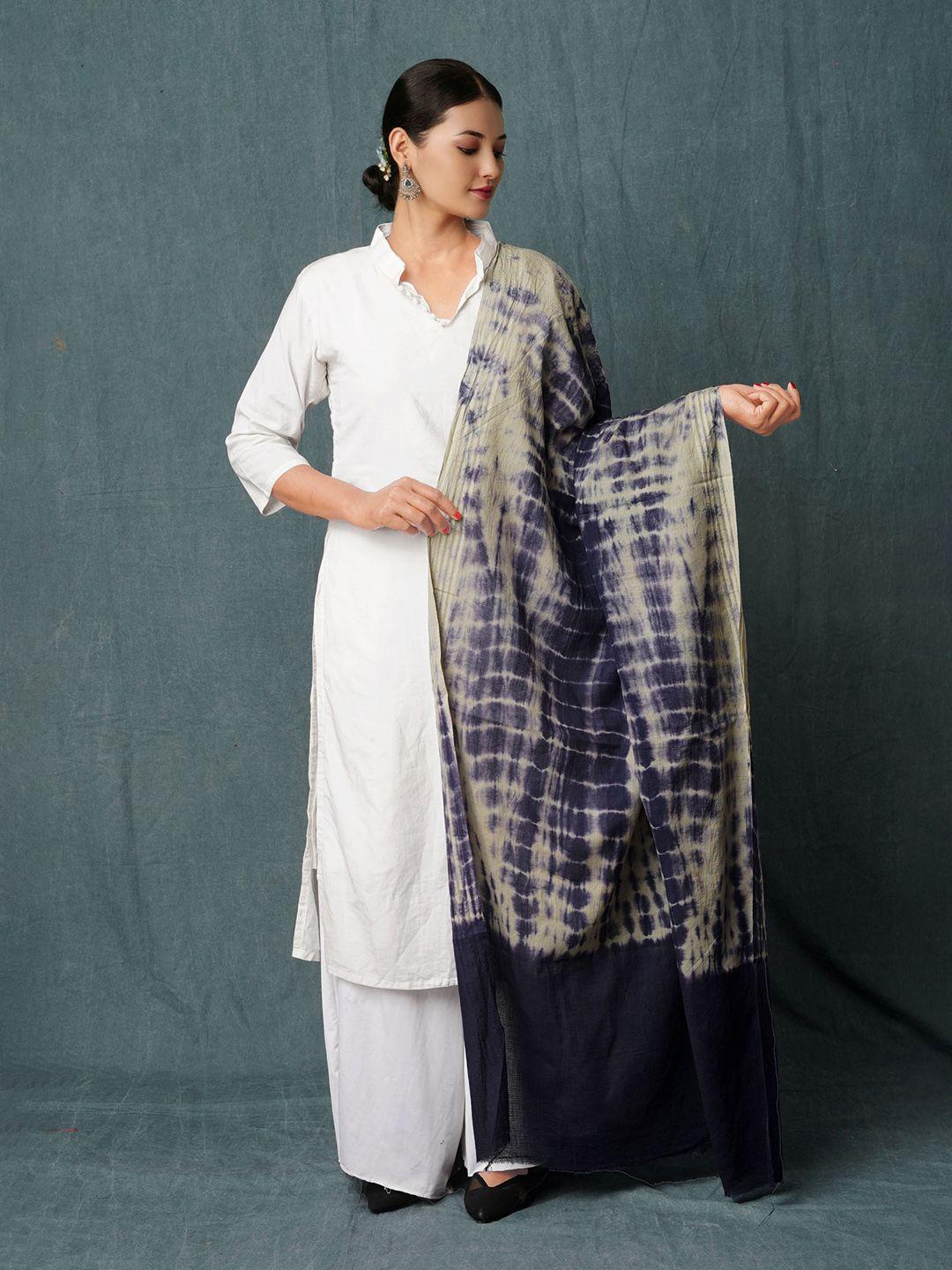 unnati silks navy blue & grey printed pure cotton tie and dye dupatta