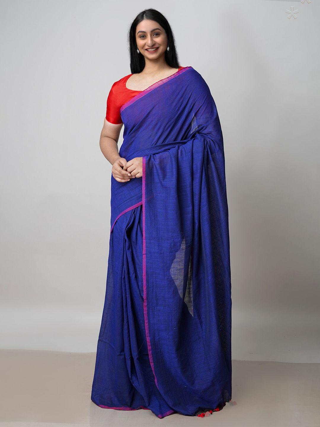 unnati silks navy blue & pink pure linen jamdani saree