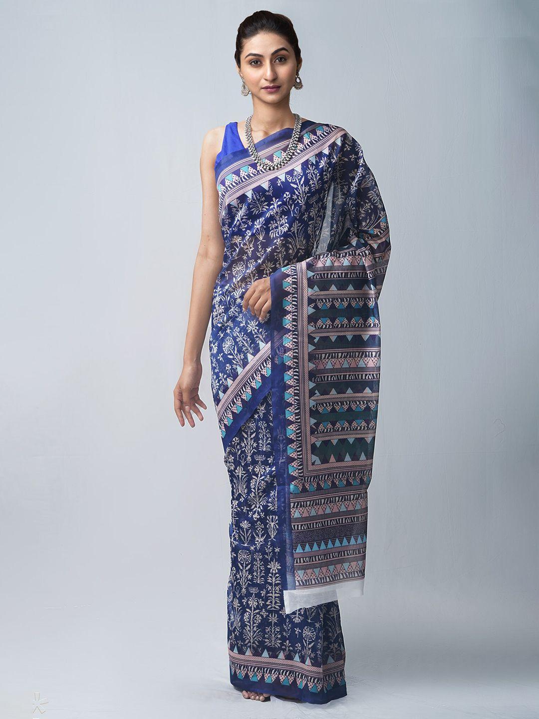 unnati silks navy blue & white ethnic motifs printed silk cotton chanderi saree