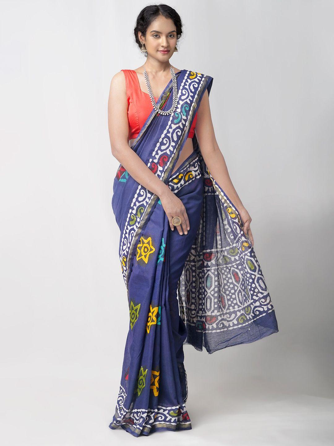 unnati silks navy blue & white ethnic motifs printed sustainable handloom chanderi saree