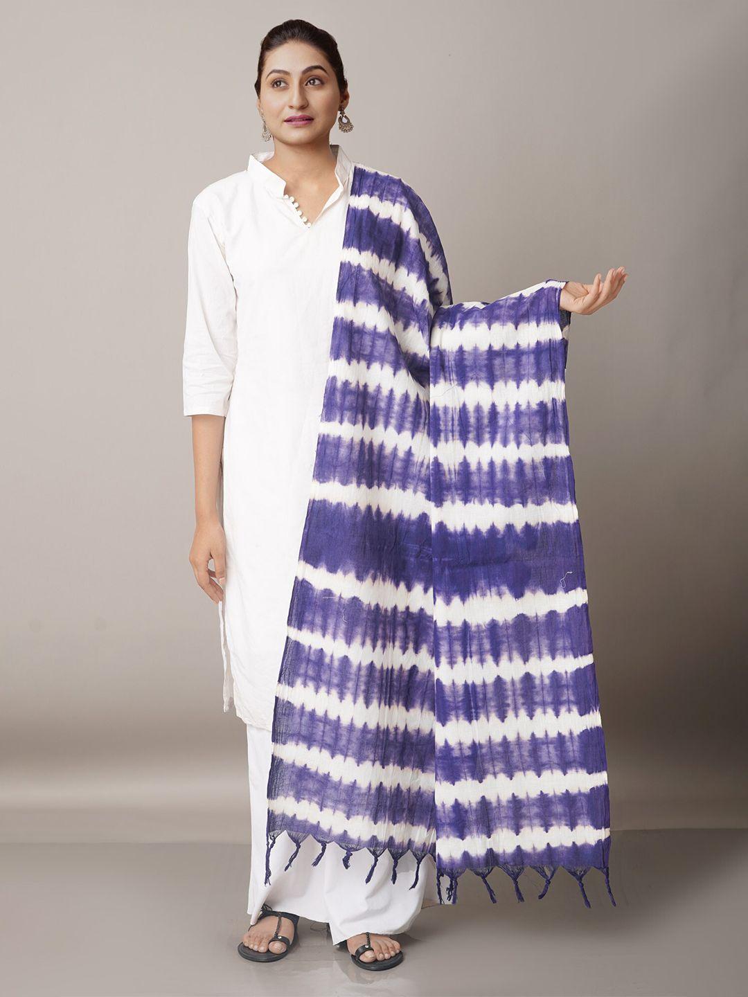 unnati silks navy blue & white striped pure cotton shibori dupatta