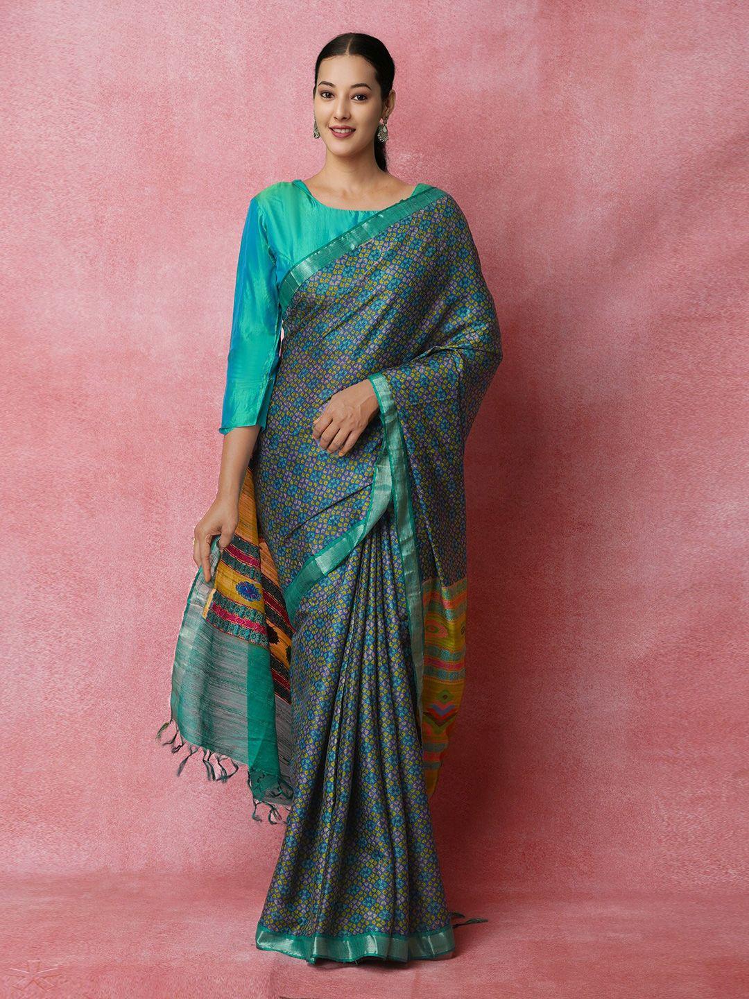 unnati silks navy blue & yellow ethnic motifs zari jute silk handloom tussar saree