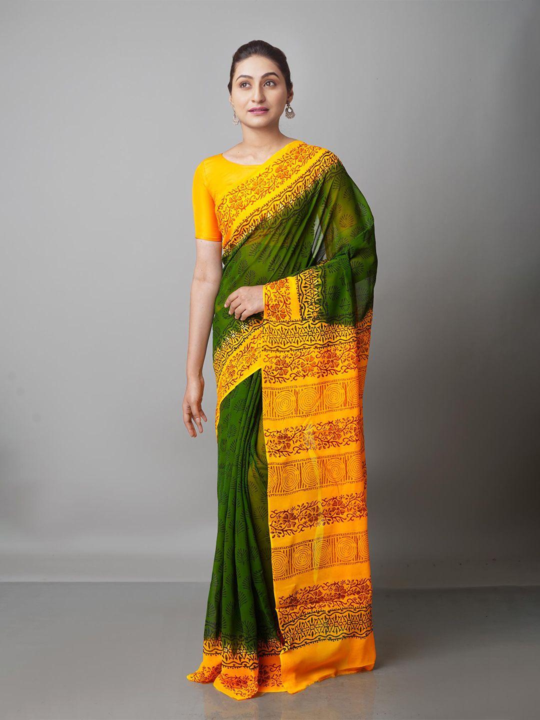 unnati silks olive green & yellow floral block print saree