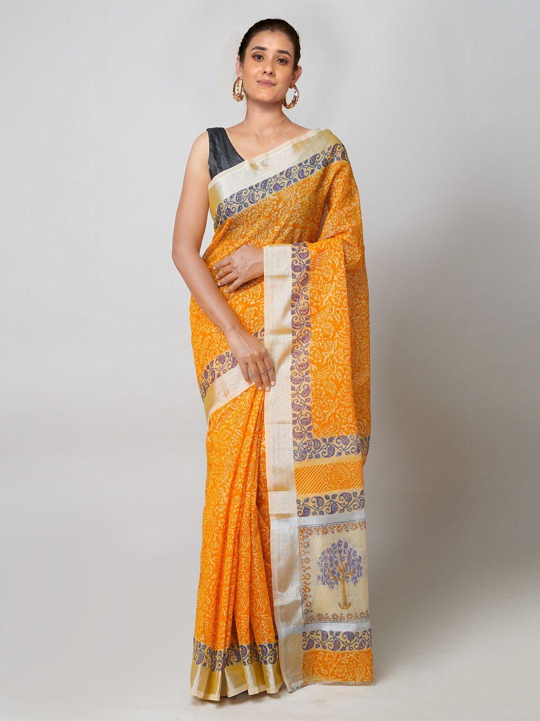 unnati silks orange & blue ethnic motifs zari pure cotton handloom kota saree