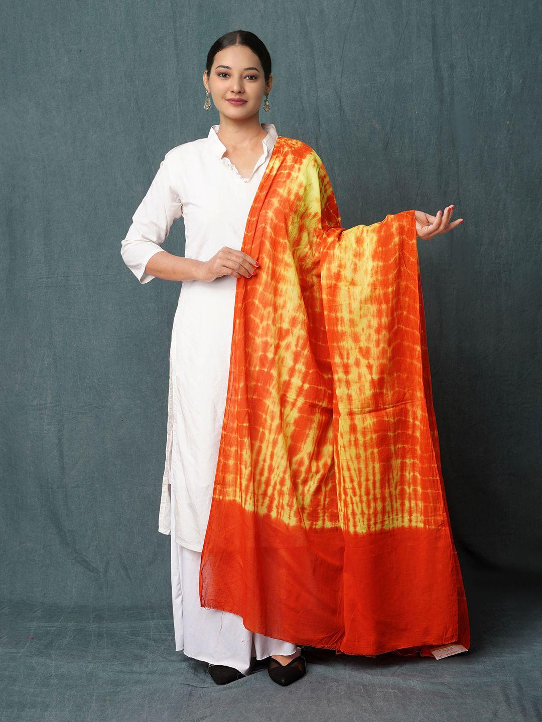 unnati silks orange & green printed pure cotton tie and dye dupatta
