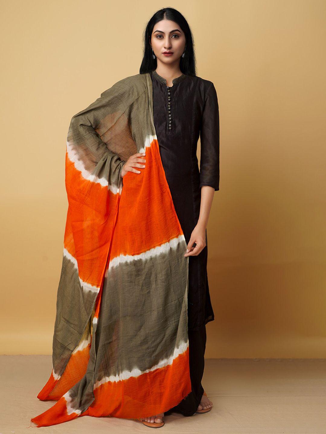 unnati silks orange & olive green dyed pure cotton shibori dupatta