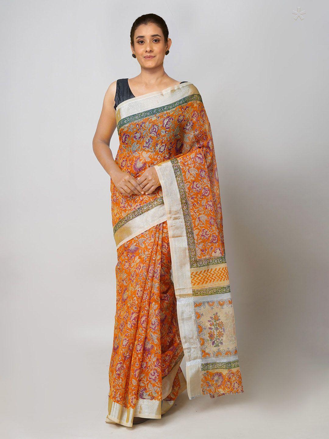 unnati silks orange & silver-toned ethnic motifs zari pure cotton handloom kota saree