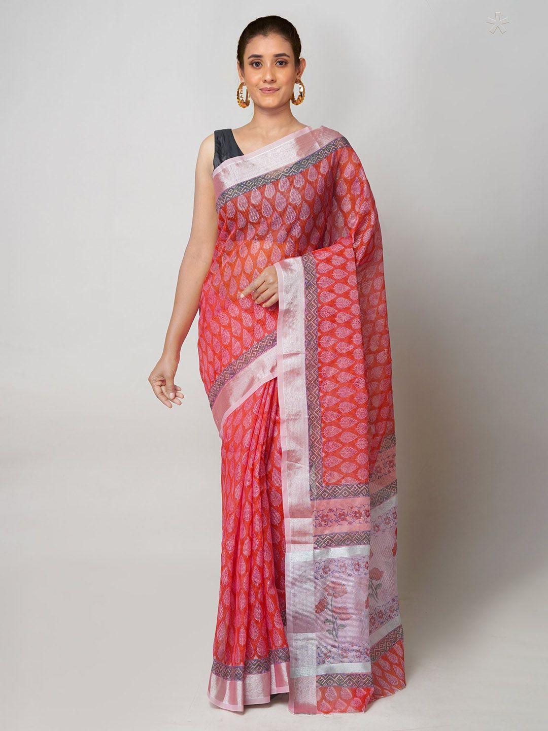 unnati silks orange & silver-toned ethnic motifs zari pure cotton handloom kota saree