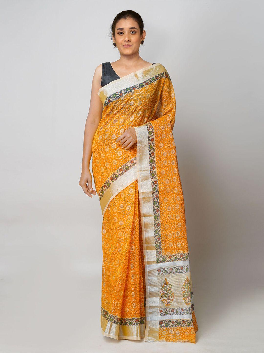 unnati silks orange & silver-toned ethnic motifs zari pure cotton handloom kota saree