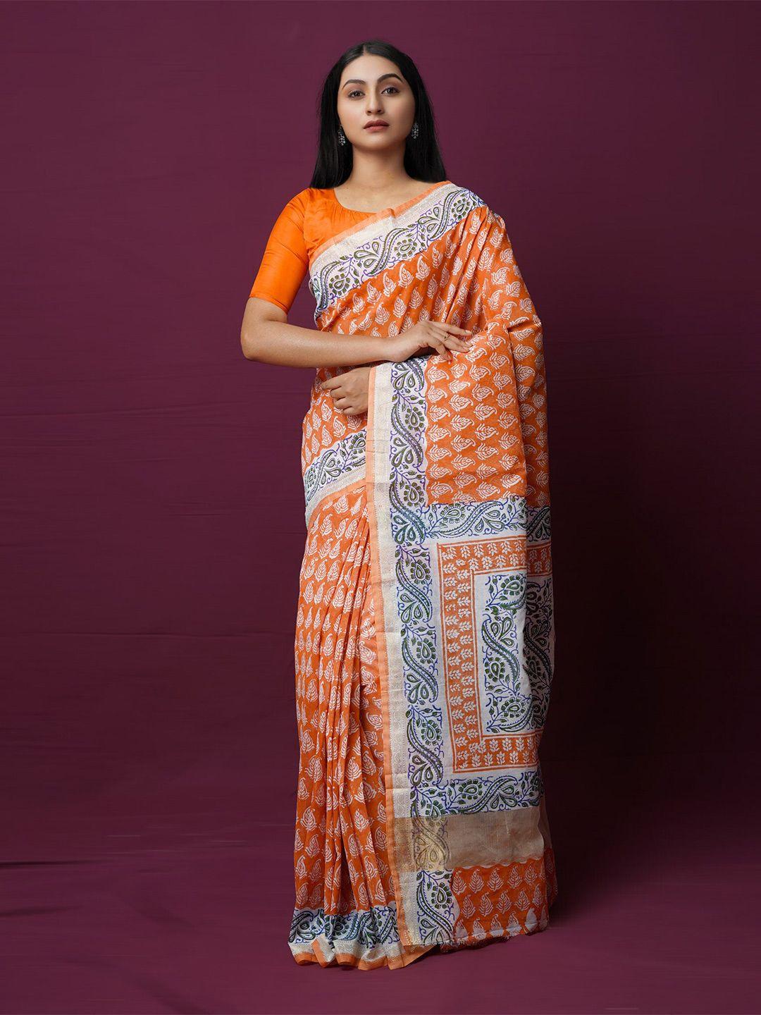 unnati silks orange & silver-toned ethnic motifs zari silk cotton chanderi saree