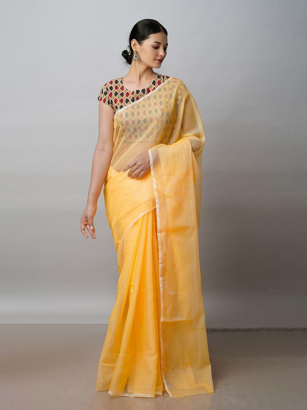 unnati silks orange & silver-toned woven design zari pure cotton kota saree