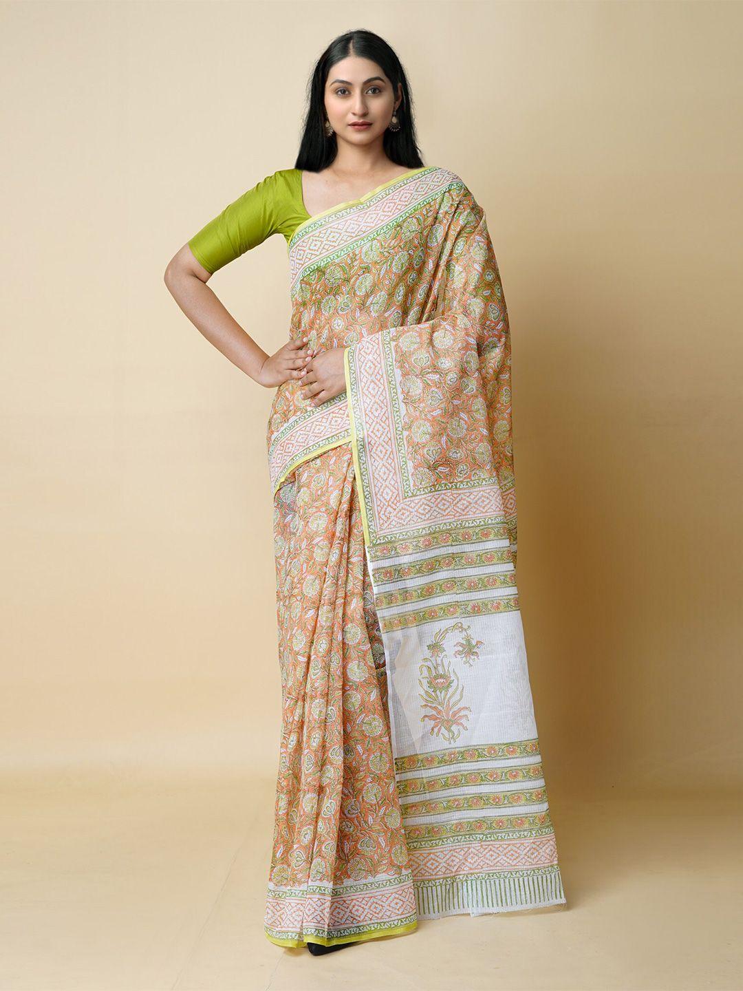 unnati silks orange & white ethnic motifs pure cotton kota saree