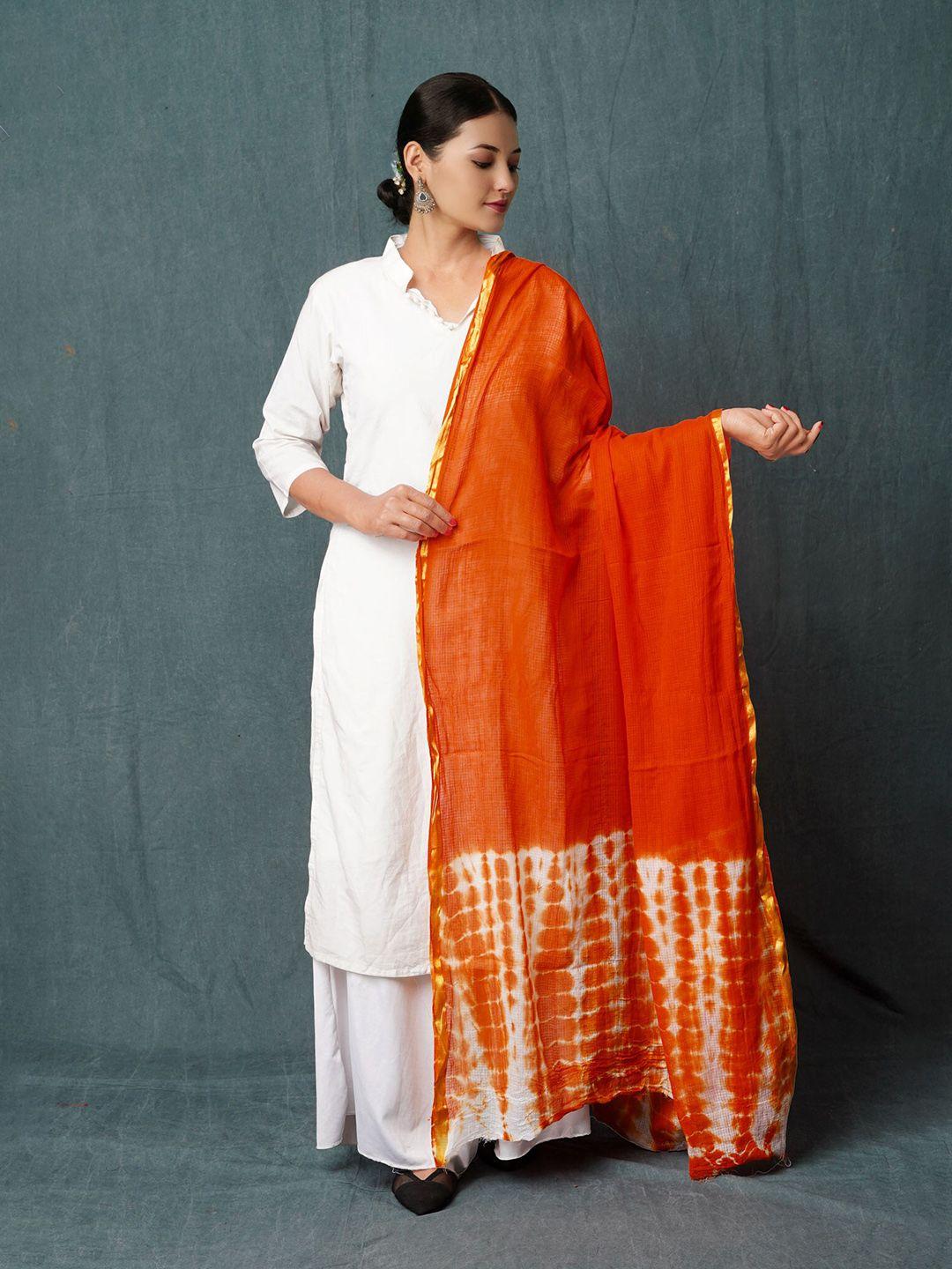 unnati silks orange & white printed pure cotton tie and dye dupatta
