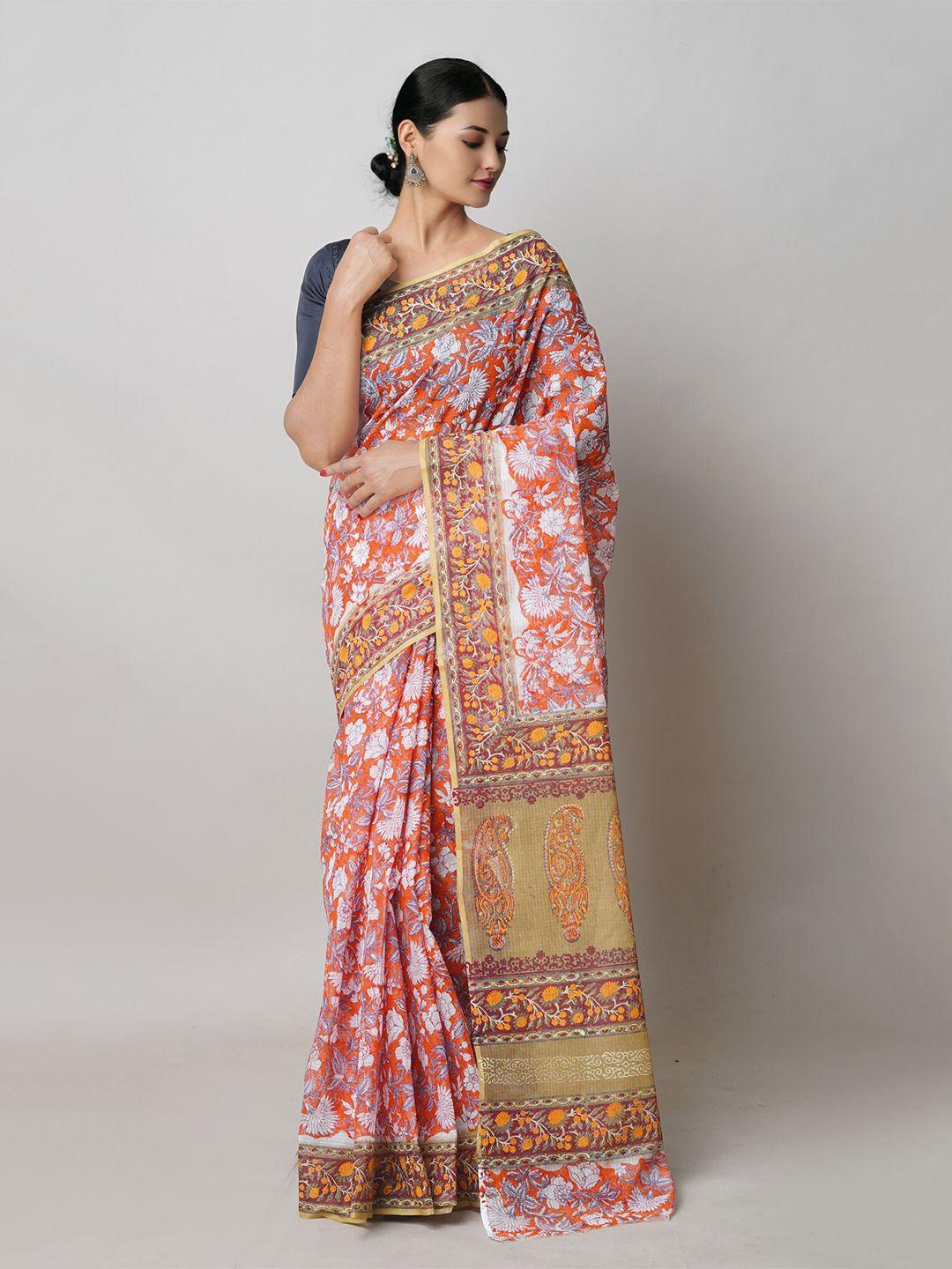 unnati silks orange ethnic motifs printed pure cotton handloom kota saree