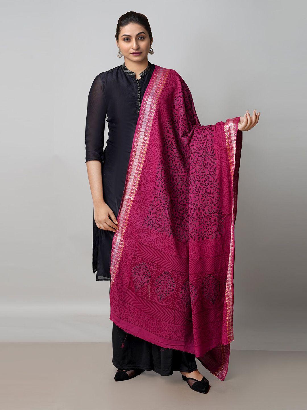 unnati silks pink & black ethnic motifs printed pure cotton dupatta with zari