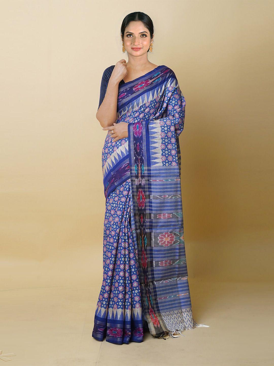 unnati silks pink & blue ethnic motifs pure silk handloom tussar saree