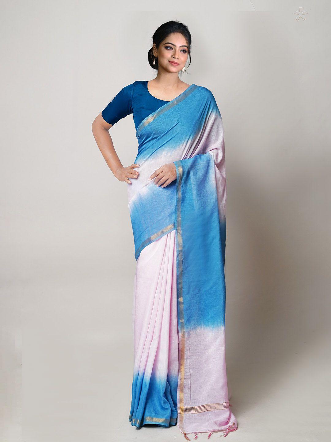 unnati silks pink & blue ombre zari silk cotton chanderi saree