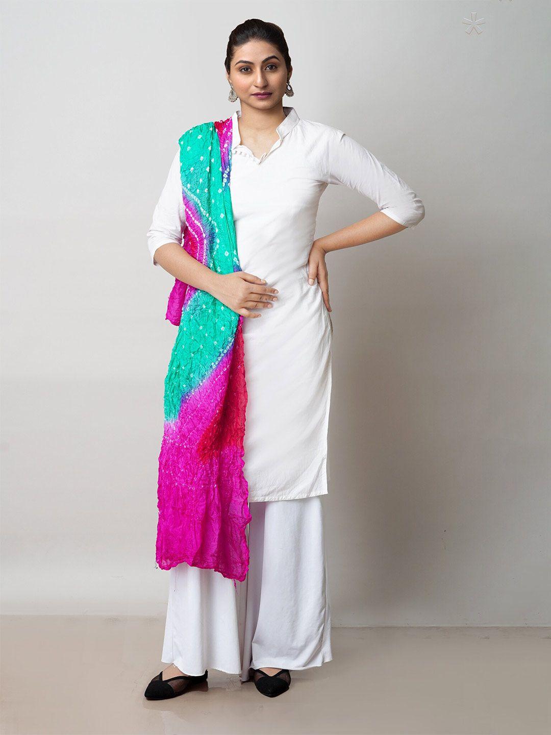 unnati silks pink & blue printed bandhani dupatta