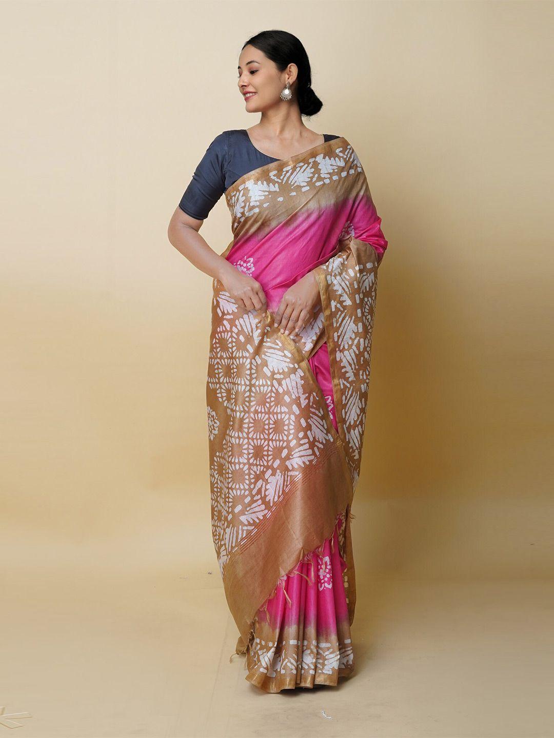 unnati silks pink & brown batik silk cotton handloom chanderi saree