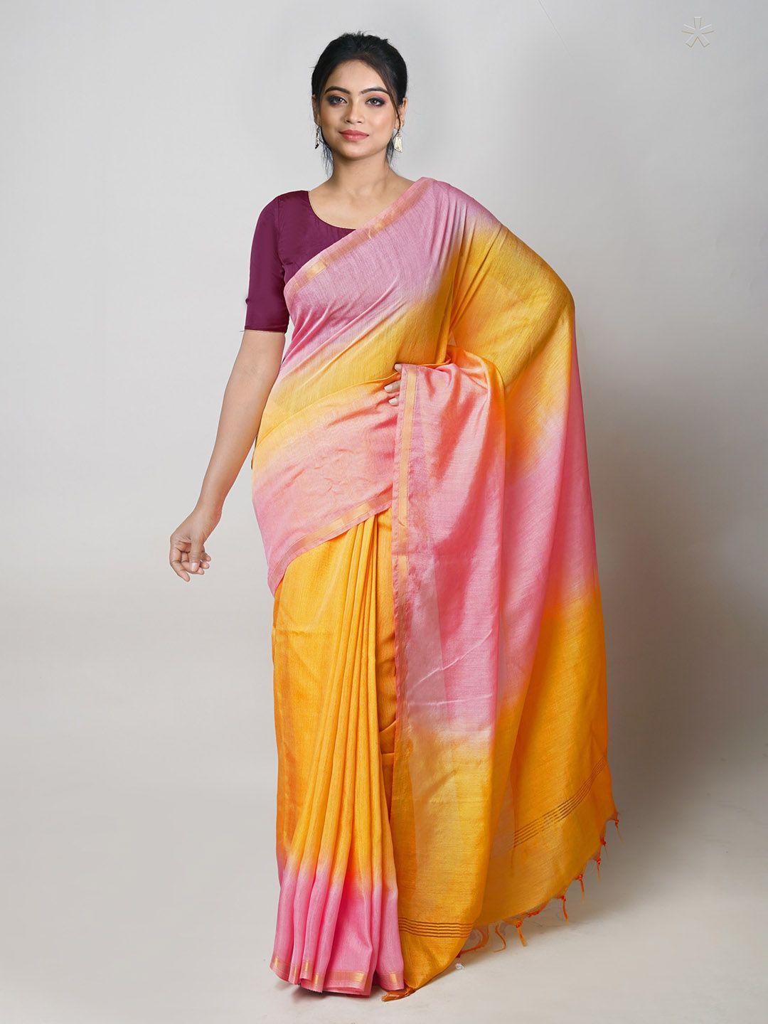 unnati silks pink & gold-toned ombre zari silk cotton chanderi saree
