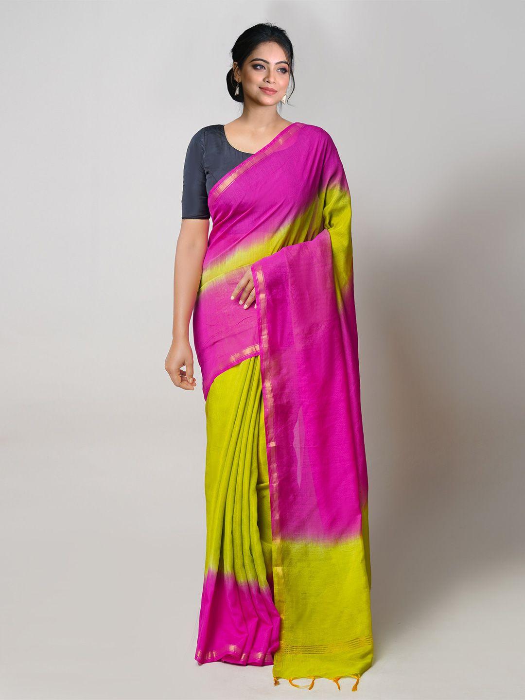 unnati silks pink & green ombre zari silk cotton chanderi saree