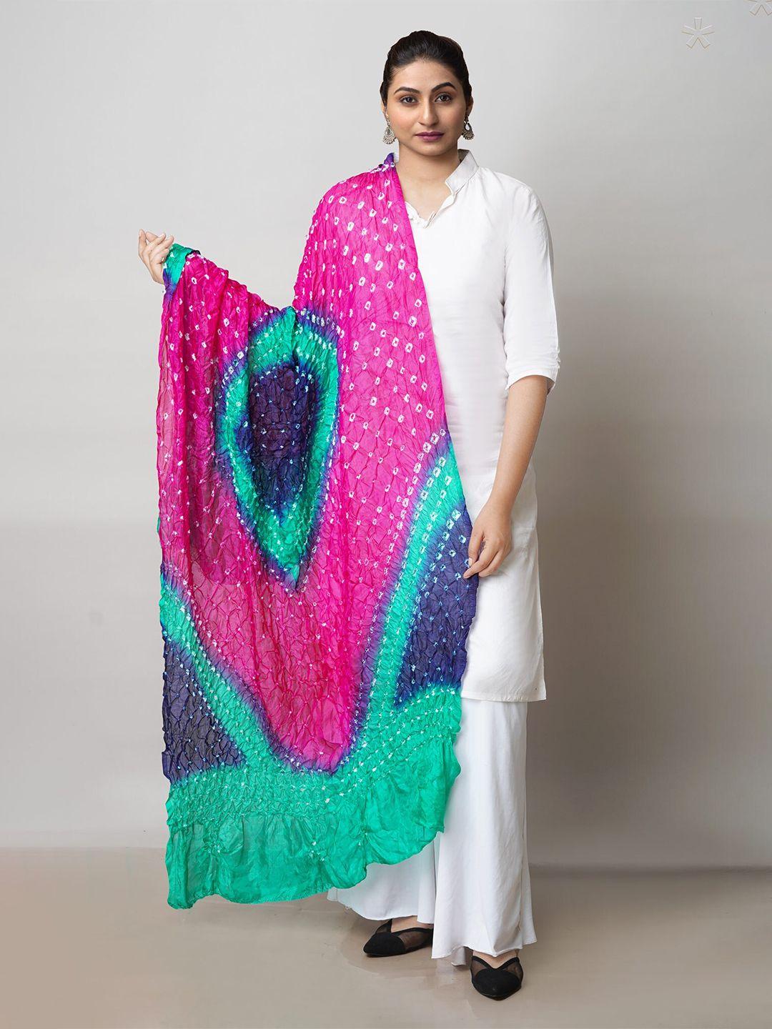 unnati silks pink & green printed bandhani dupatta