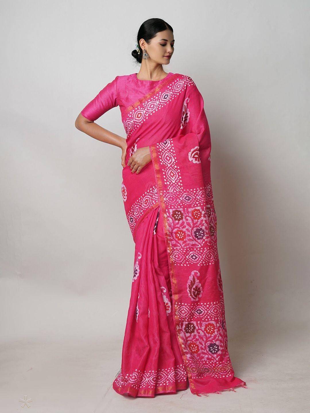 unnati silks pink batik silk cotton chanderi saree
