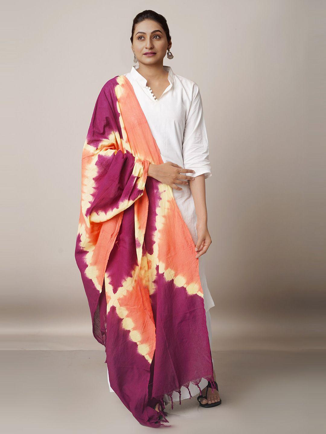 unnati silks purple & peach-coloured printed pure cotton shibori dupatta