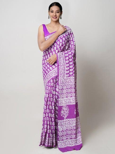 unnati silks purple cotton printed saree with unstitched blouse