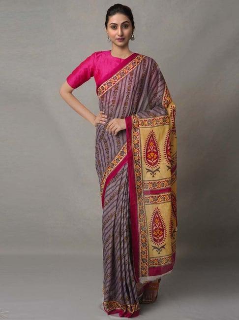 unnati silks purple cotton printed saree with unstitched blouse