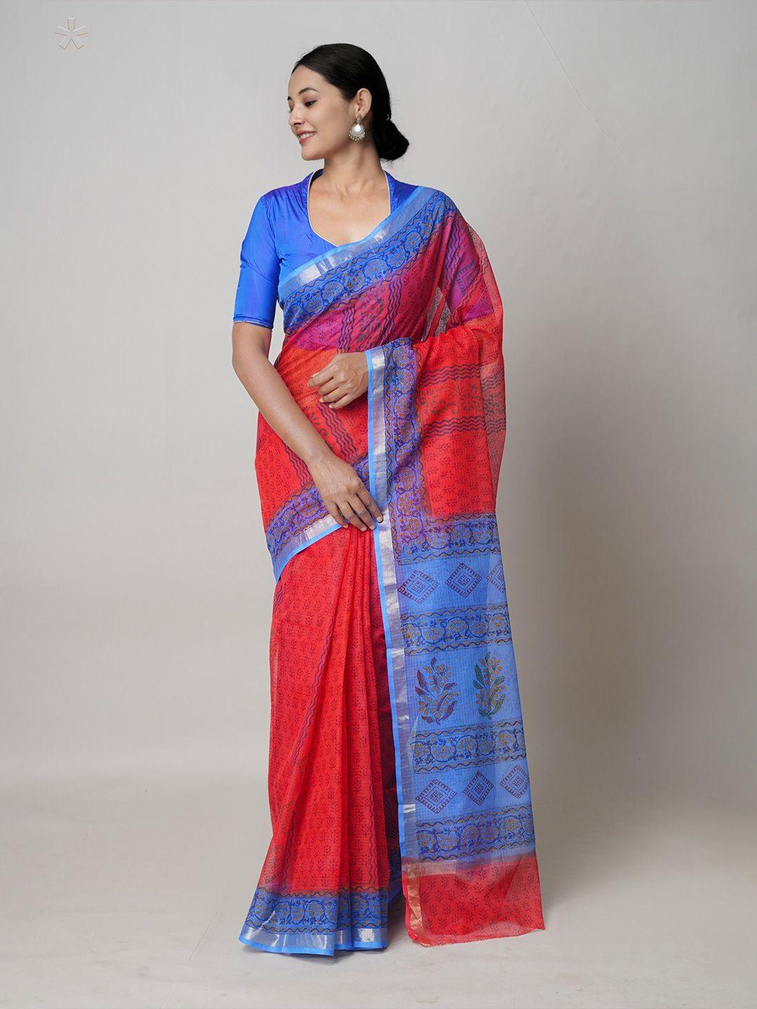 unnati silks red & blue ethnic motifs printed zari pure cotton kota saree